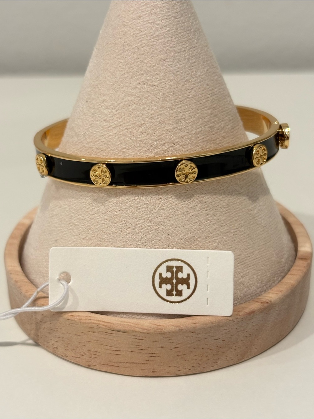 Tory Burch Black Enamel Bangle with Gold Logo Discs